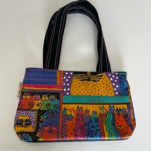 Laurel Burch Hand Painted Canvas Cat Shoulder Bag Tote Handmade Artisan Boho